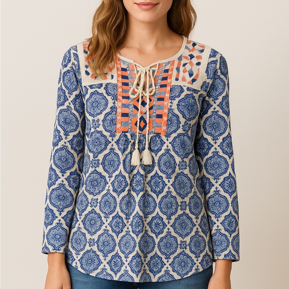 Lucky Brand Boho Embroidered Peasant Top Blue Orange White Size M